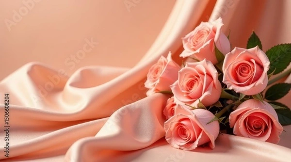 Fototapeta A delicate bouquet of peach roses elegantly arranged on a soft, flowing satin fabric, creating a romantic and luxurious visual composition.