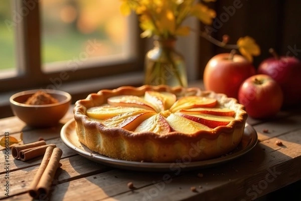 Fototapeta Golden-crusted apple tart, bathed in warm sunlight, sits on rustic wooden table, surrounded by autumnal fruit and fragrant cinnamon sticks