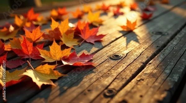 Fototapeta Autumn leaves scattered on a rustic wooden surface bathed in warm sunlight, creating a serene and picturesque fall scene.