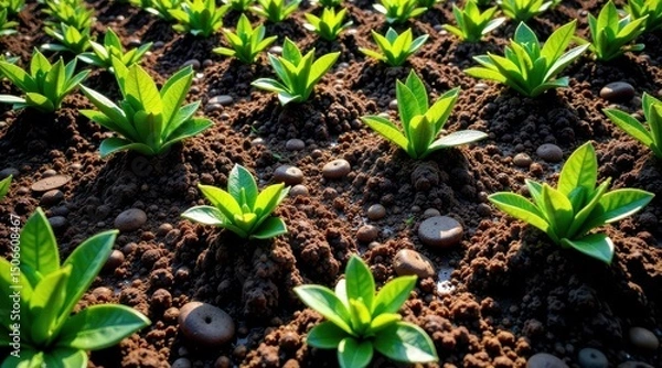 Fototapeta Vibrant Green Seedlings Thrive in Rich, Dark Soil, Illuminated by Sunlight, a Symbol of Growth and Renewal