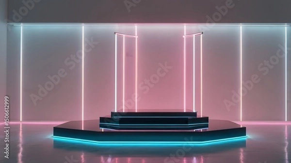 Fototapeta Illuminated neon podium on reflective floor 