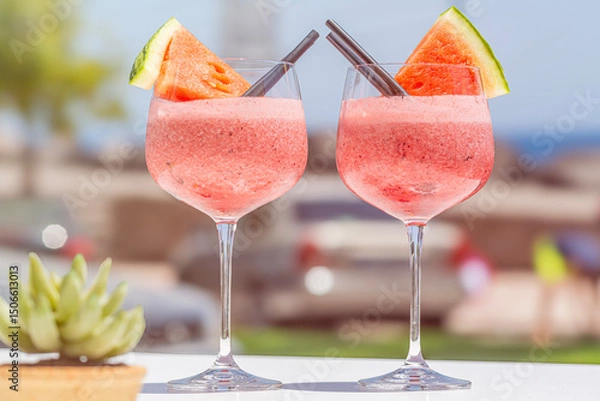 Obraz refreshing watermelon smoothie on a hot day at the beach on vacation concept