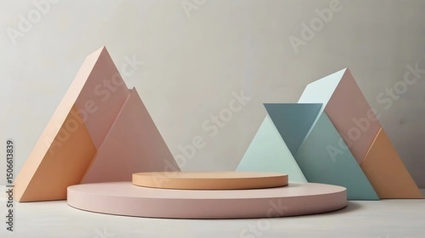 Fototapeta Abstract geometric podium made of triangles and circles 