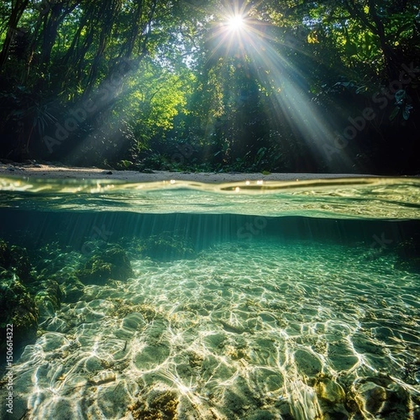 Fototapeta underwater view in a tropical river, with sunlight filtering through the water's surface. The clear and calm waters have visible ripples on top, and the trees cast shadows over