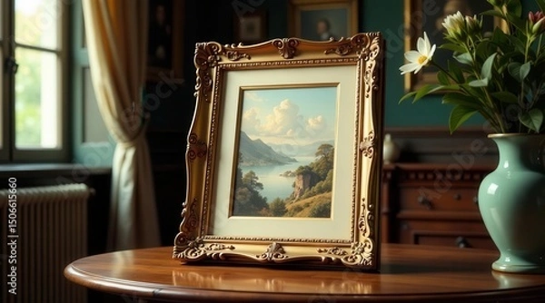 Fototapeta A Gilded Frame Encases a Serene Landscape Painting Displayed on a Polished Wooden Table