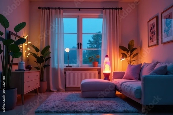 Fototapeta Serene Evening Ambiance in a Living Room with Soft Lighting and Plush Seating