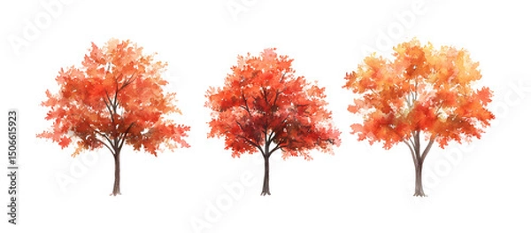 Fototapeta Watercolor illustration of three autumn trees with red and orange leaves isolated on transparent background