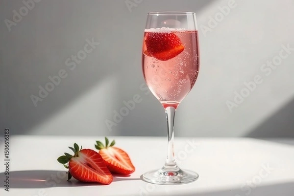 Fototapeta A refreshing pink beverage with strawberry garnish in a clear glass, illuminated by sunlight on a bright surface, alongside halved strawberries.