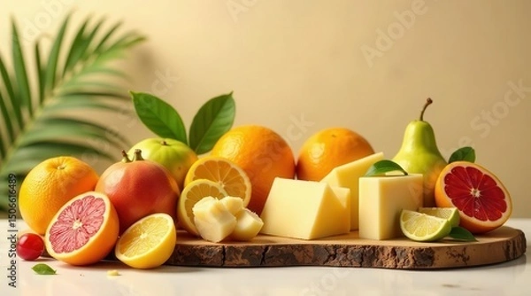 Fototapeta A vibrant still life showcasing a medley of citrus fruits, a juicy pomegranate, a pear, and creamy cheese wedges arranged on a rustic wooden board