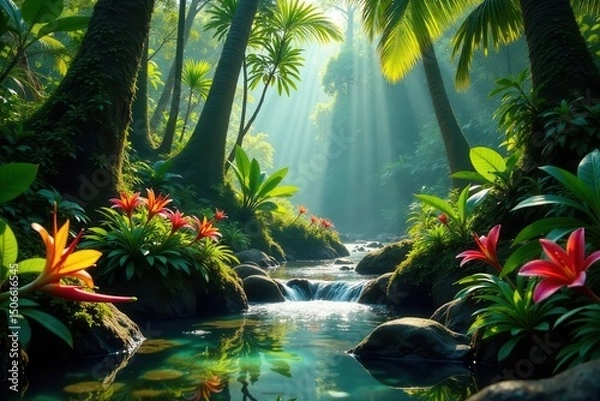Fototapeta Serene Tranquility Sunbeams Illuminate Lush Tropical Paradise with Vibrant Blossoms and a Gently Flowing Creek