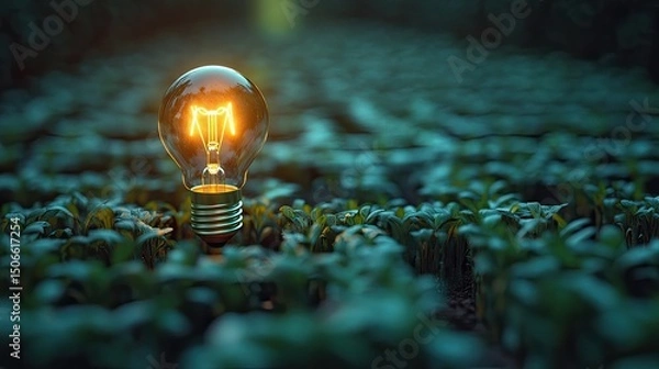 Obraz A bright idea illuminates a field of dreams symbolizing innovation and potential in a dark landscape with warm light