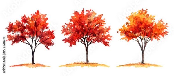 Fototapeta Watercolor illustration of three autumn trees with red and orange leaves isolated on transparent background