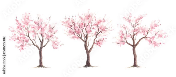 Fototapeta Watercolor illustration of three cherry blossom trees with pink flowers isolated on transparent background