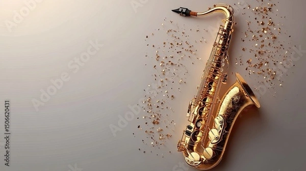 Obraz A shimmering golden saxophone celebrates the joy of music amid a flurry of confetti beautifully lit with elegant soft