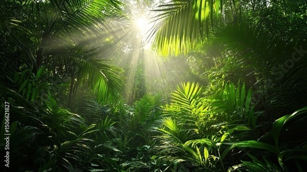 Obraz sun rays through the forest Lush jungle with vibrant palm leaves