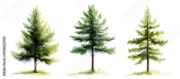 Fototapeta Watercolor illustration of three pine trees with green needles isolated on transparent background
