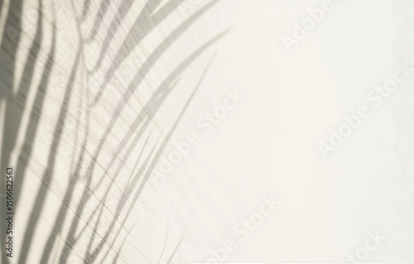 Fototapeta Minimalist Palm Leaf Shadow Overlay on Textured White Wall Background. Japandi Aesthetic, Abstract Summer Sunlight Play for Product Display or Neutral Backdrop