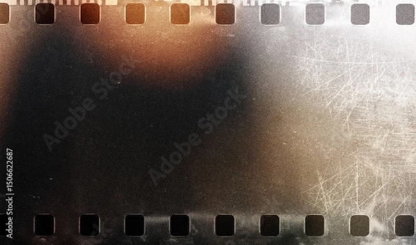 Obraz Vintage distressed old photo light leaks, film grain, dust and scratches texture overlay with vignette border. Dirty grunge analog 8k widescreen retro effect background