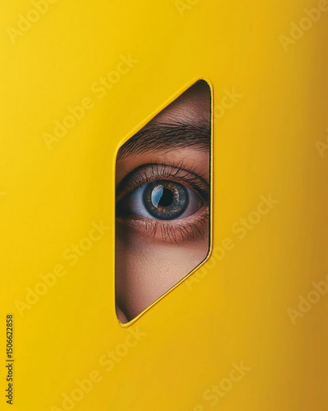 Obraz Close-up view of a human eye peering through a geometrically shaped cutout in a vibrant yellow surface, evoking curiosity and intrigue. Generative AI