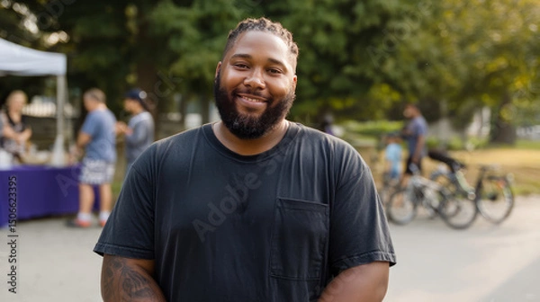 Obraz A man with obesity volunteering at a community event, staying active
