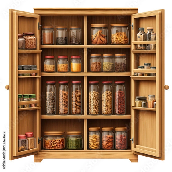 Fototapeta A wooden pantry cabinet displaying jars filled with ingredients for on transparent background