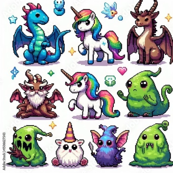 Fototapeta Pixel Art Fantasy Creatures Set – 8-bit Magical Animals on White Background