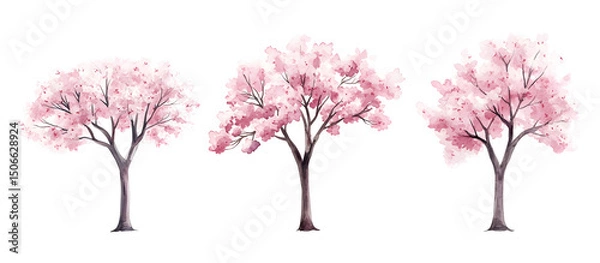 Fototapeta Watercolor illustration of three cherry blossom trees with pink flowers isolated on transparent background