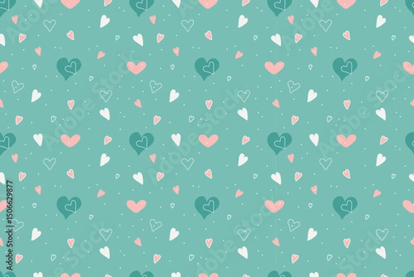 Obraz Beautiful seamless romantic pattern with colorful small and large hearts and white dots on  green background. White, pink, green colors. For backgrounds, wallpapers, textiles, packaging, and  website.