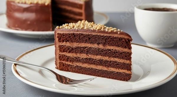 Fototapeta Chocolate cake slice with hazelnut topping representing indulgence and sweetness