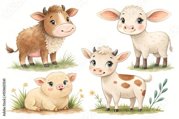 Fototapeta Adorable Watercolor Farm Animals Calf Piglet and Cow Illustrations Perfect for Kids Books and