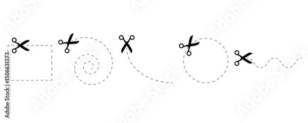 Obraz Cut here Scissors with dotted lines path icon set. Cut here pictogram for coupons, vouchers, labels, paper pages. Simple graphic stock vector illustration isolated on white background.