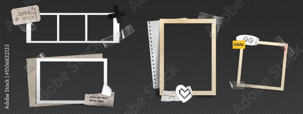 Fototapeta Set of retro photo frames and scrapbook layout in y2k or 90s style. Nostalgic collage of old blank instant film borders, ripped paper notes and stickers on transparent bg. Vintage picture mockup.