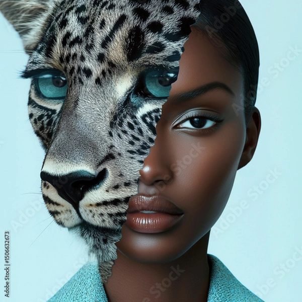 Obraz AI-generated artistic portrait of a woman and leopard hybrid, expressing strength, luxury, and untamed feminine energy.