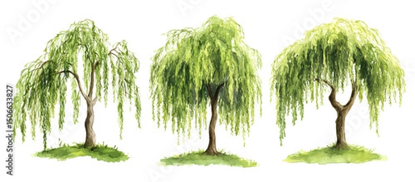 Fototapeta Watercolor painting of three weeping willow trees with lush green leaves isolated on transparent background