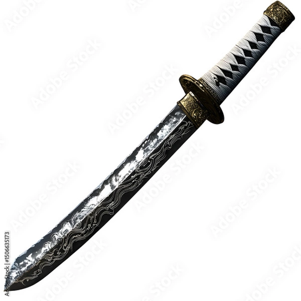 Obraz a traditional samurai katana with folded steel blade, ray skin handle wrap, and subtle engraving, transparent background.