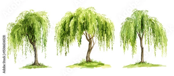 Fototapeta Watercolor painting of three weeping willow trees with lush green leaves isolated on transparent background