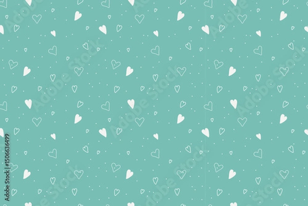 Obraz Beautiful seamless romantic pattern with small and large white hearts and white dots on  green background. For backgrounds, wallpapers, textiles, packaging, and  website.