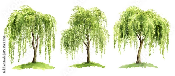Fototapeta Watercolor painting of three weeping willow trees with lush green leaves isolated on transparent background