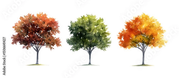 Fototapeta Watercolor painting of three trees with autumn, green, and yellow leaves isolated on transparent background