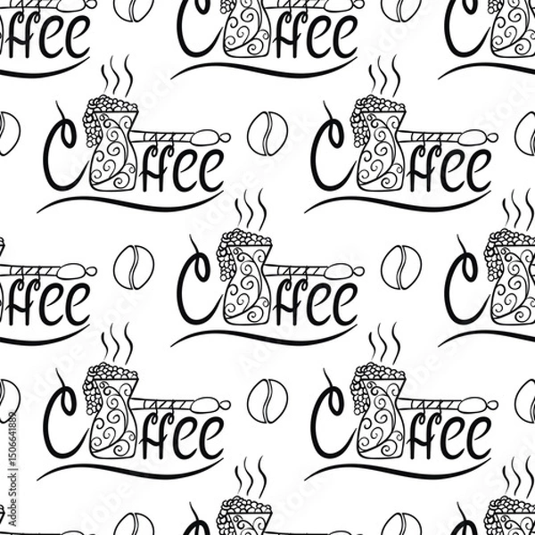 Obraz Seamless pattern with the inscription coffee and a coffee turk. Can be used for making wallpaper, fabrics and other types of products