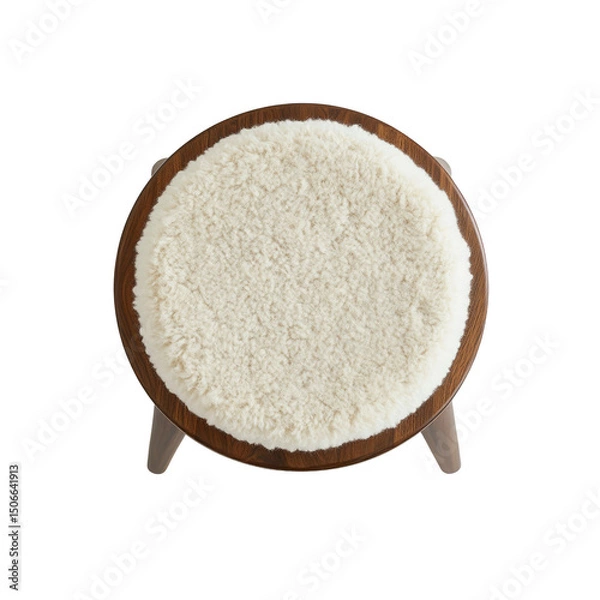 Fototapeta Top View of a Round Wooden Stool with a Fluffy White Sheepskin Seat Pad