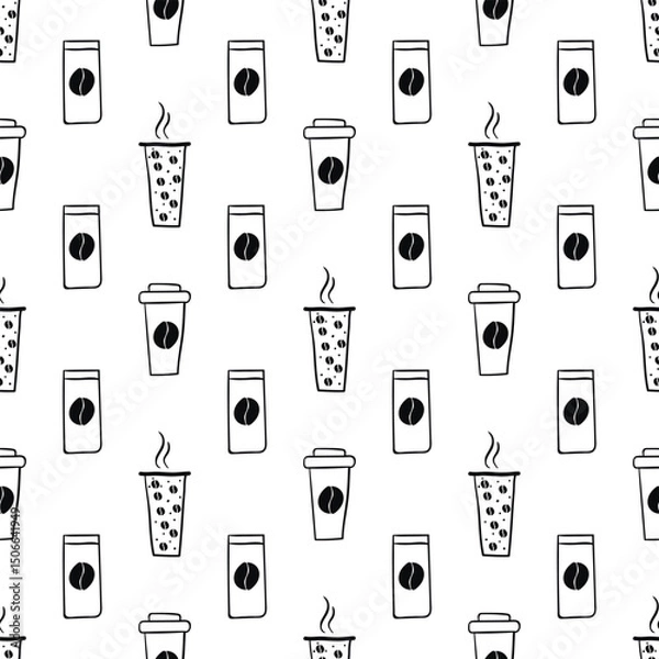 Obraz Seamless pattern with vector doodle paper cup of coffee. Can be used for making wallpaper, fabrics and other types of products