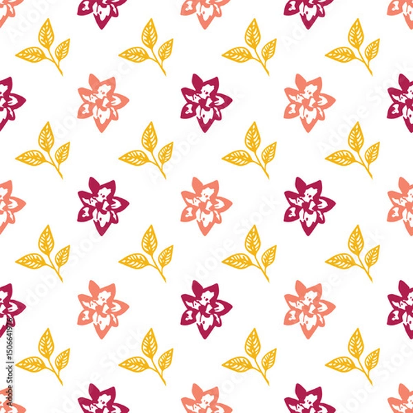 Obraz Seamless pattern with vector leaves and flower. Floral illustration. Can be used for making wallpaper, fabrics and other types of products