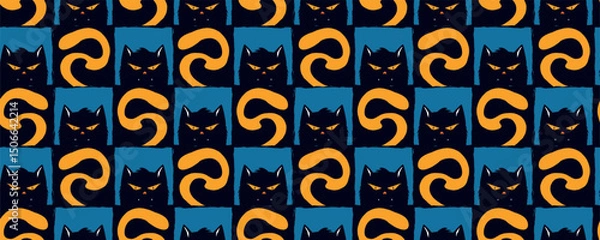 Fototapeta Halloween Seamless Pattern with Black Cats and Orange Serpent Shapes on Black Squares. Mystical and moody tile background with spooky feline faces and curling tails, great for wrapping paper, fashion