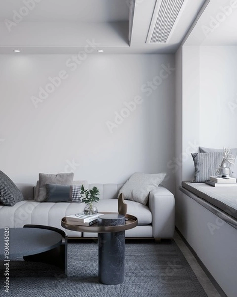 Fototapeta corner living room of apartment with sofa and empty space on the wall. 3d illustration