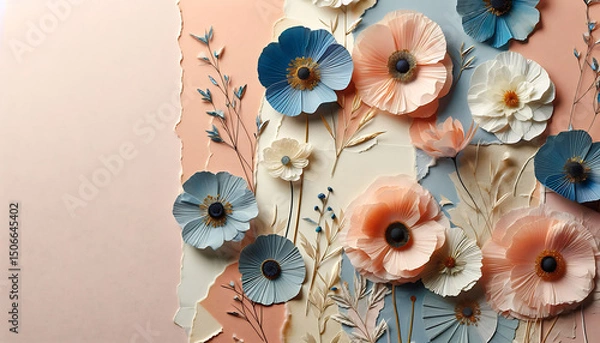 Obraz Whimsical 3D paper wildflowers in pastel hues, perfect for charming nursery decor, creative crafting, or delightful greeting cards, showcasing a playful, artistic flair.