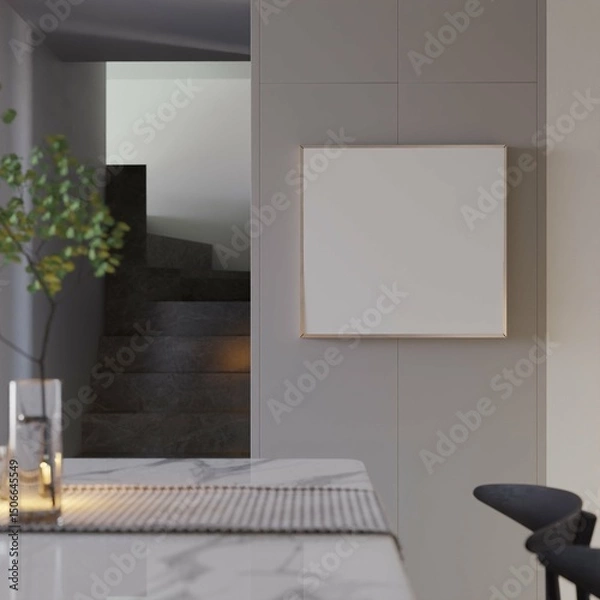 Fototapeta closeup of small dining room of apartment withmodern chair, table  and poster frame mockup. 3d illustration