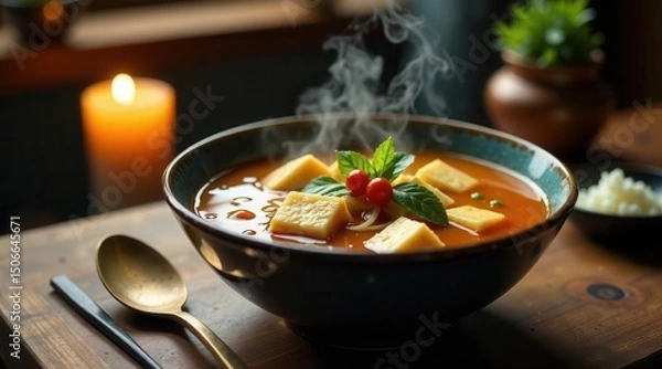 Fototapeta Aromatic Steaming Bowl of Savory Soup with Cubes of Polenta and Fresh Herbs, Garnished with Red Berries, Served on a Rustic Wooden Tabletop with Candlelight in the Background