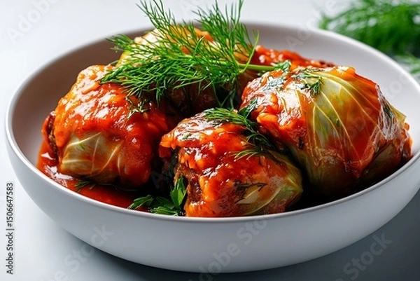 Fototapeta **Romanian Sarmale Cabbage Rolls With Rice And Pork, Plated Neatly With A Tomato-Based Sauce In A White Ceramic Dish. A Sprig Of Fresh Dill Rests On Top. Soft Shadows And White Background Emphasize Th