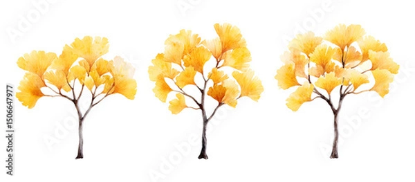 Fototapeta Watercolor painting of three ginkgo trees with vibrant yellow autumn leaves isolated on transparent background